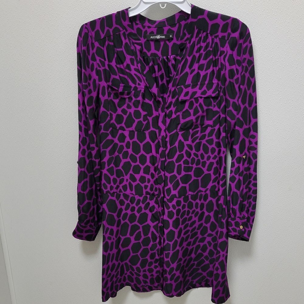 Alice & Trixie Purple Black Long Sleeve Leopard Silk Dress XS